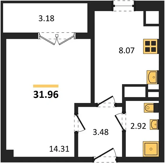 Квартира 1-комн. 31.96 кв. м