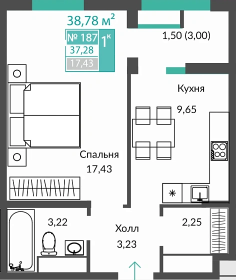 Квартира 1-комн. 37.28 кв.м