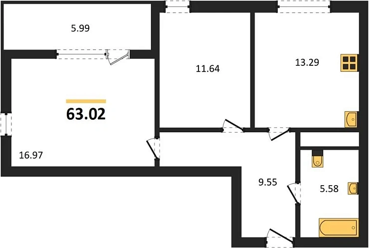 Квартира 2-комн. 63.02 кв. м