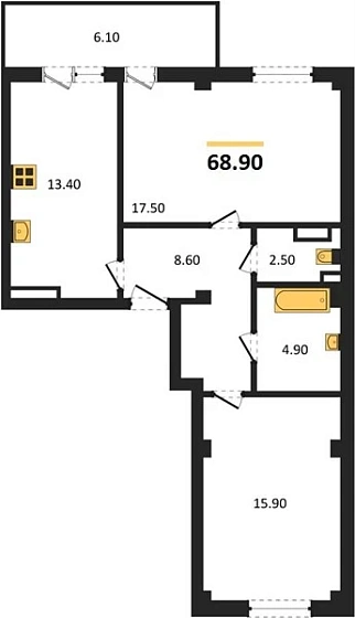 Квартира 2-комн. 68.9 кв. м
