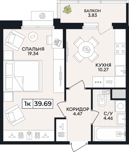 Квартира 1-комн. 39.69 кв. м