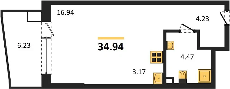 Апартаменты 1-комн. 34.94 кв. м