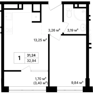 Квартира 1-комн. 32.84 кв. м