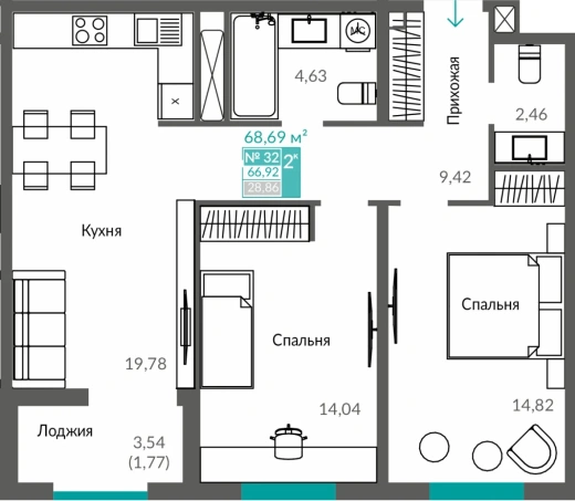 Квартира 2-комн. 66.92 кв.м