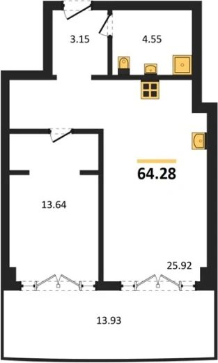 Апартаменты 1-комн. 64.28 кв. м