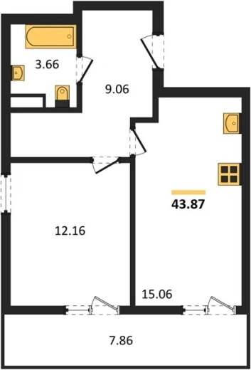 Квартира 1-комн. 43.87 кв. м