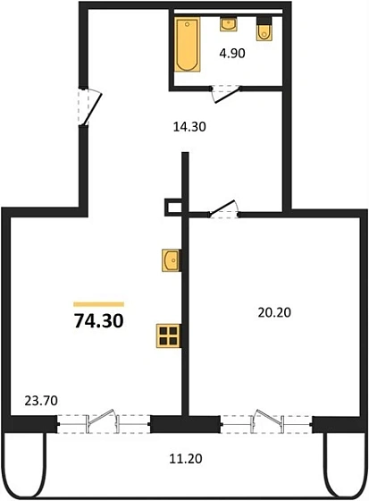 Квартира 1-комн. 74.3 кв. м