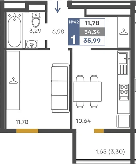 Квартира 1-комн. 34.34 кв. м