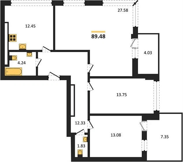 Квартира 3-комн. 89.48 кв. м