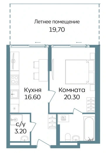 Апартаменты 2-комн. 59.8 кв. м