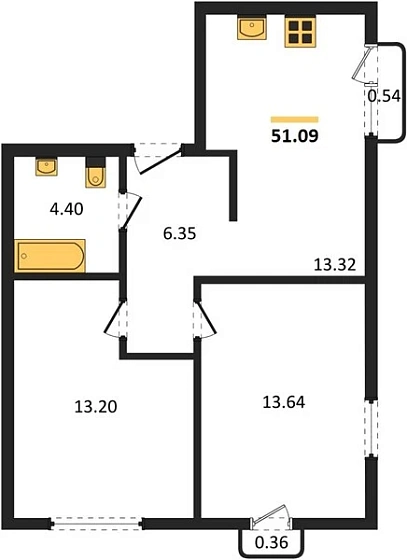 Квартира 2-комн. 51.09 кв. м