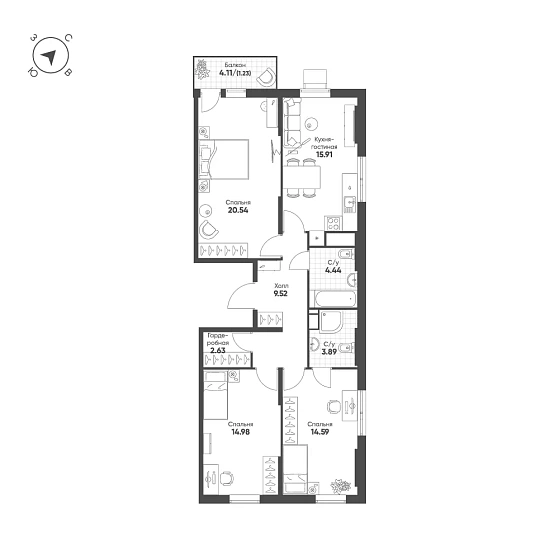 Квартира 3-комн. 87.73 кв. м
