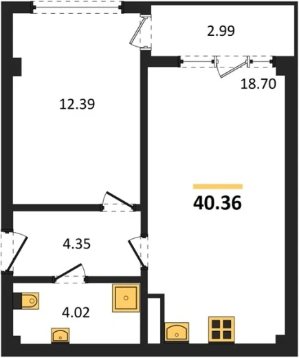 Квартира 1-комн. 40.36 кв. м