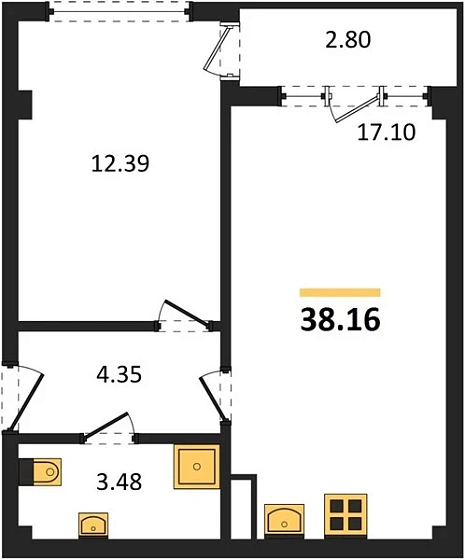 Квартира 1-комн. 38.16 кв. м