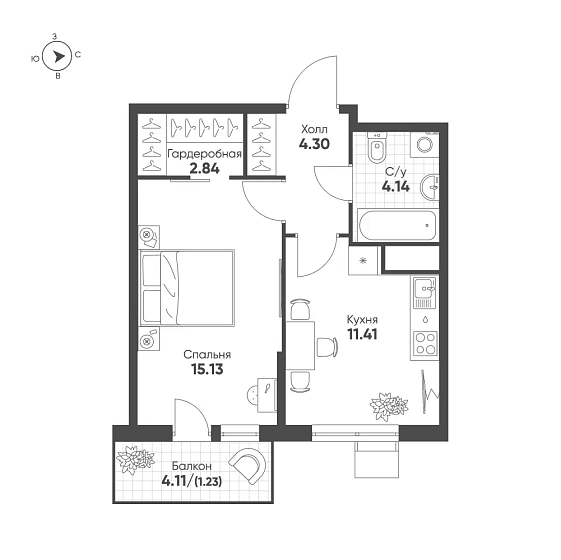 Квартира 1-комн. 39.05 кв. м
