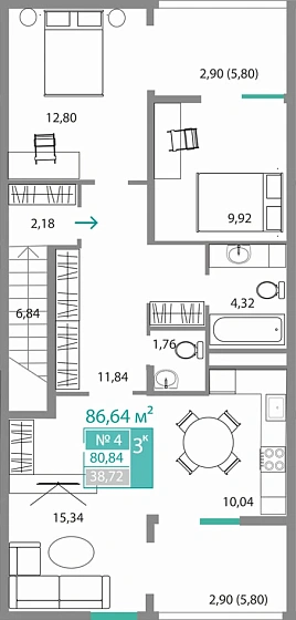 Квартира 3-комн. 80.84 кв.м