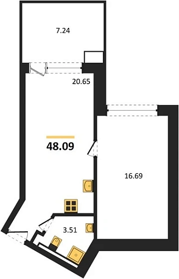 Апартаменты 1-комн. 48.09 кв. м