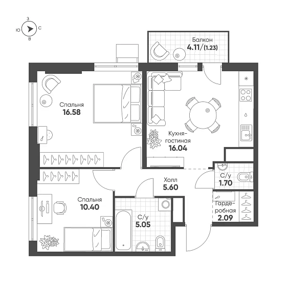 Квартира 2-комн. 58.69 кв. м