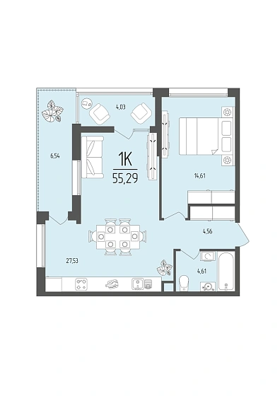 Квартира 1-комн. 55.29 кв. м