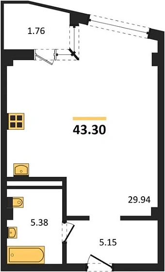 Апартаменты 1-комн. 43.3 кв. м