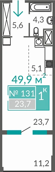 Апартаменты 1-комн. 49.9 кв.м