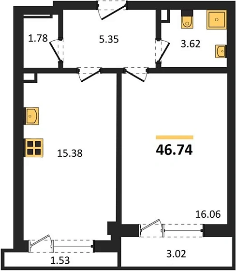 Апартаменты 1-комн. 46.74 кв. м