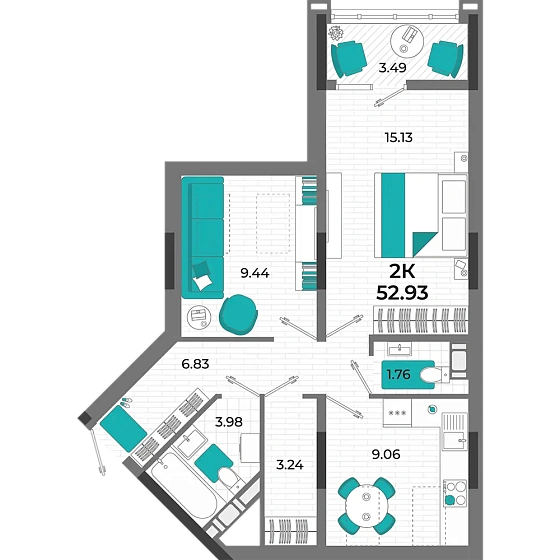 Квартира 2-комн. 52.93 кв. м