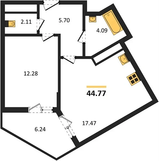 Квартира 1-комн. 44.77 кв. м