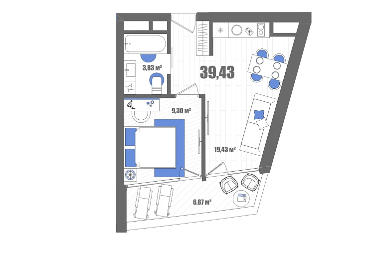 Апартаменты 1-комн. 39.43 кв. м