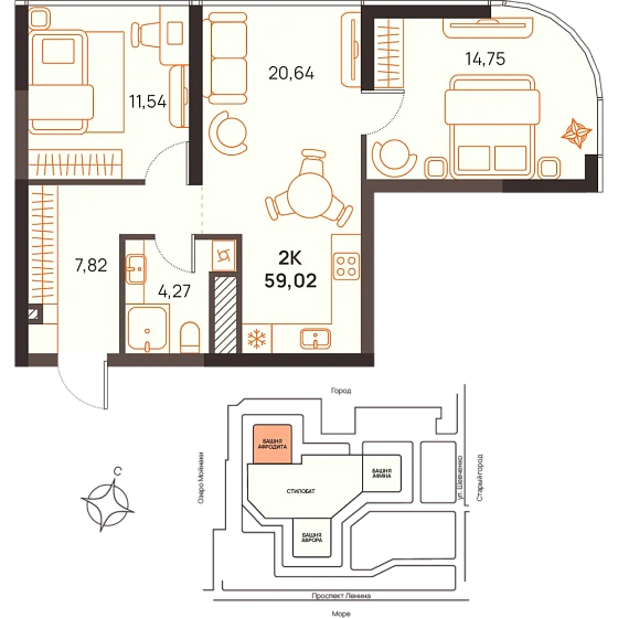 Квартира 2-комн. 59.02 кв. м