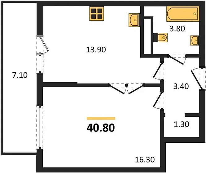 Квартира 1-комн. 40.8 кв. м