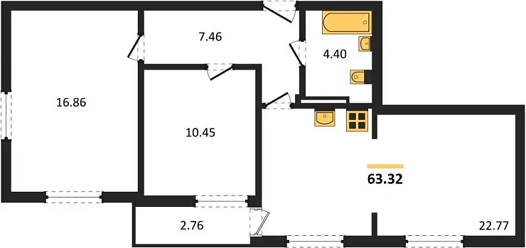 Квартира 2-комн. 63.32 кв. м