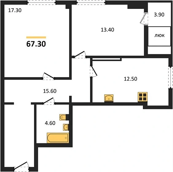 Квартира 2-комн. 67.3 кв. м