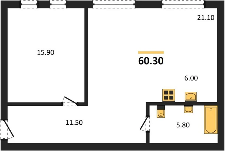 Квартира 1-комн. 60.3 кв. м