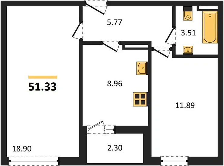 Квартира 2-комн. 51.33 кв. м
