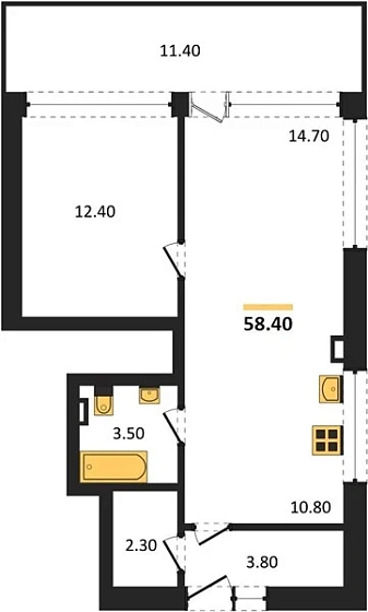 Апартаменты 1-комн. 58.4 кв. м