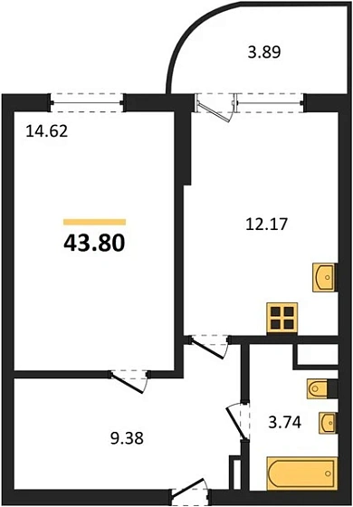Апартаменты 1-комн. 43.8 кв. м