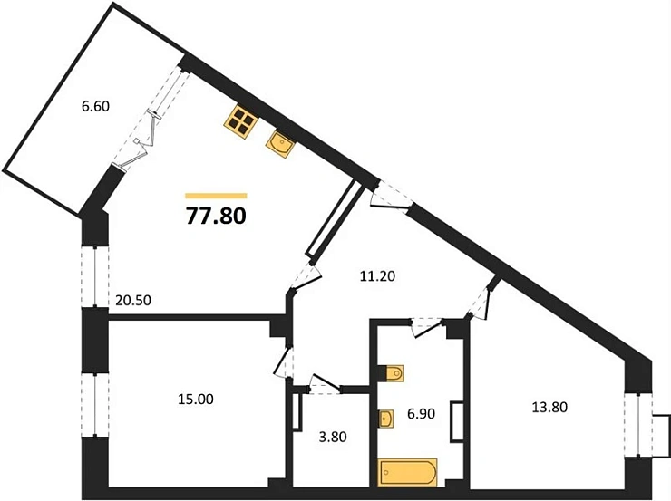 Квартира 2-комн. 77.8 кв. м
