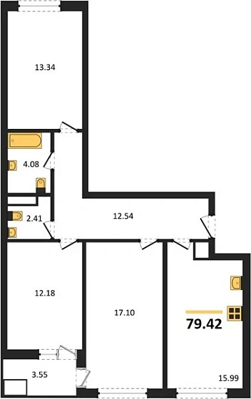 Квартира 3-комн. 79.42 кв. м