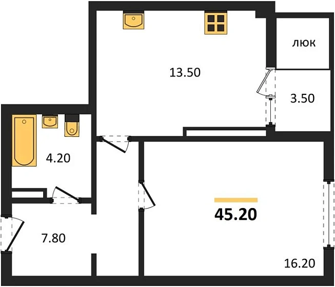 Квартира 1-комн. 45.2 кв. м