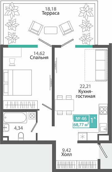 Квартира 1-комн. 68.77 кв.м
