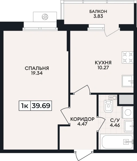 Квартира 1-комн. 39.69 кв. м
