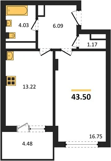Квартира 1-комн. 43.5 кв. м