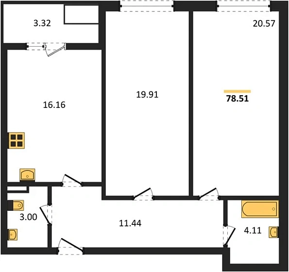Квартира 2-комн. 78.51 кв. м