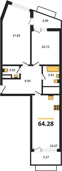 Квартира 2-комн. 64.28 кв. м