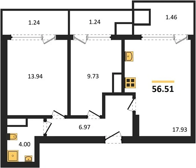 Квартира 2-комн. 56.51 кв. м
