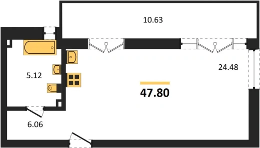 Квартира 1-комн. 47.8 кв. м