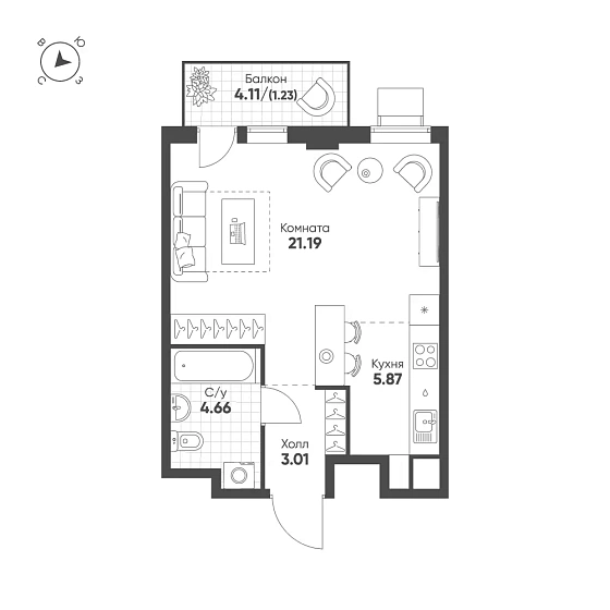 Квартира 1-комн. 35.96 кв. м