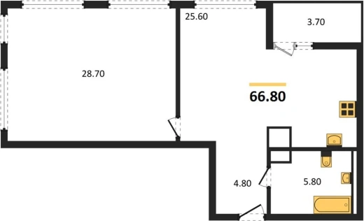 Квартира 1-комн. 66.8 кв. м