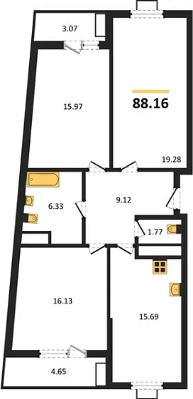 Квартира 3-комн. 88.16 кв. м